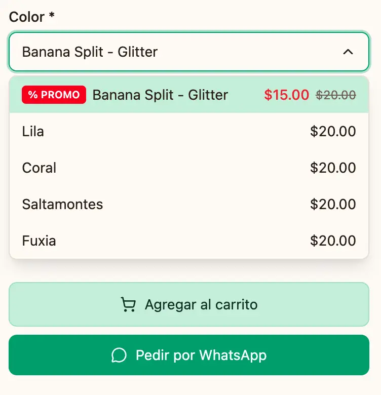 Selector de variantes de color con precios y promoción