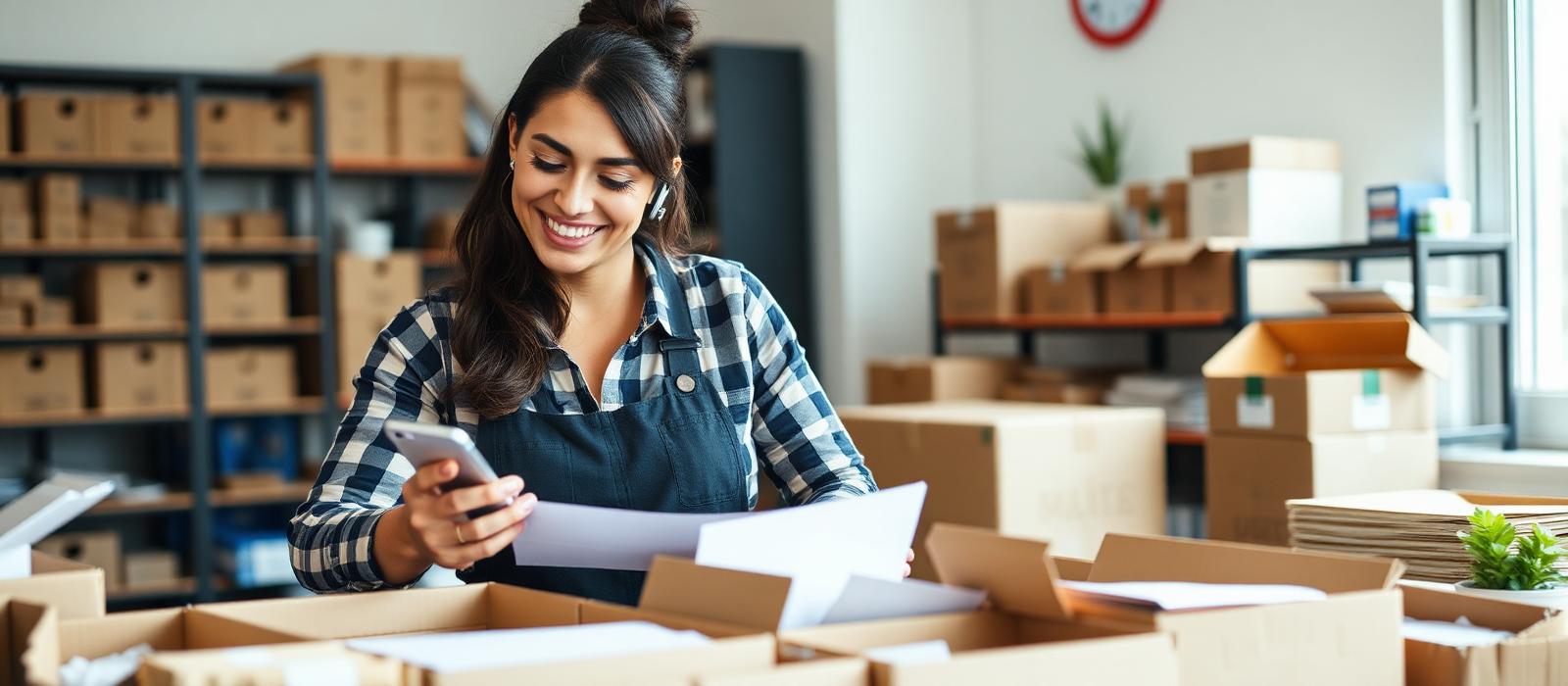 Vendedora preparando pedidos mientras revisa mensajes en su teléfono