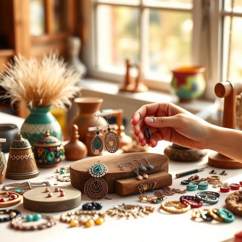 Artesana organizando joyería hecha a mano sobre una mesa