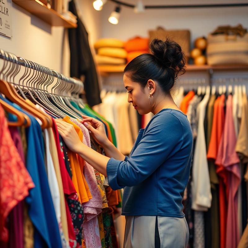 Dueña de una boutique organizando ropa en un perchero