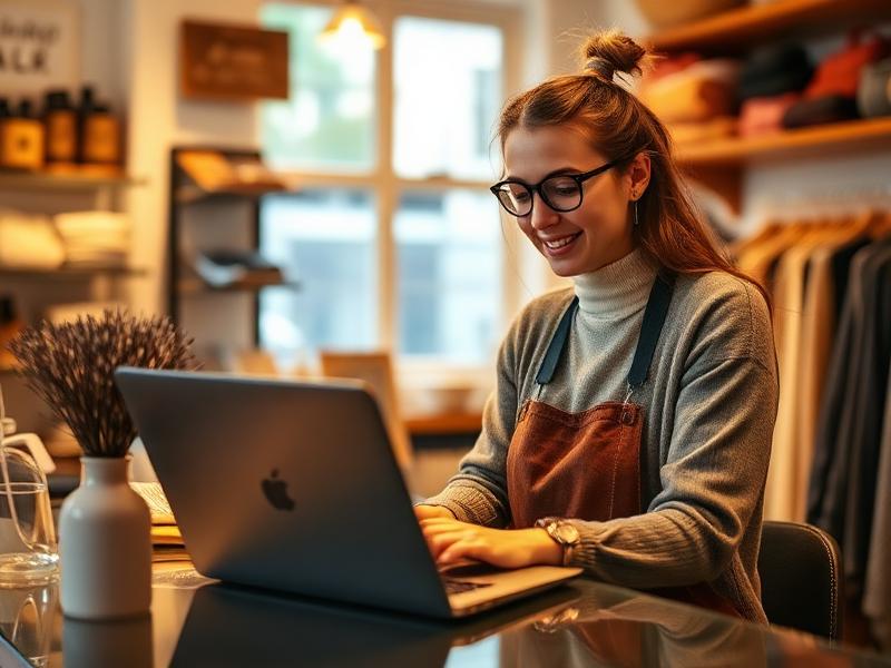 Emprendedora configurando su tienda online desde una laptop